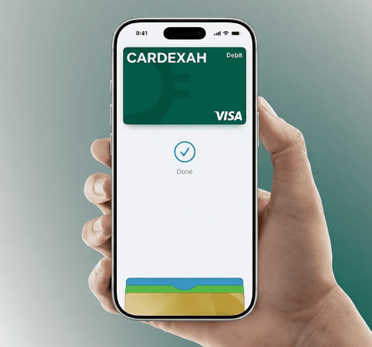 Hand holding iPhone showing Apple Pay with Cardexah card