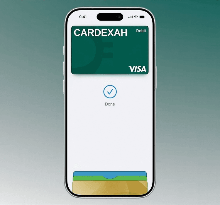 iPhone showing Apple Pay payment screen with Cardexah card
